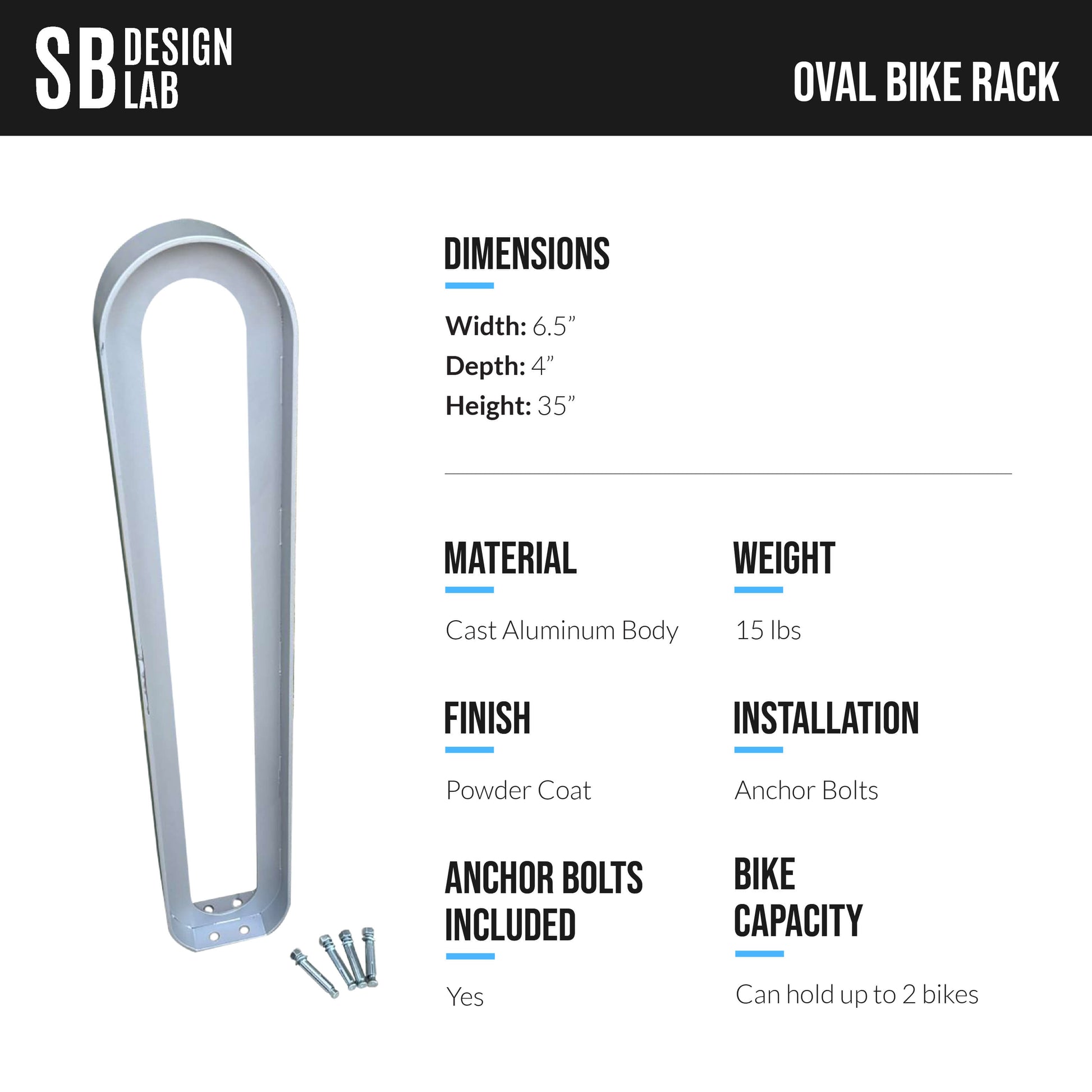 35" tall modern oval bike rack - specs