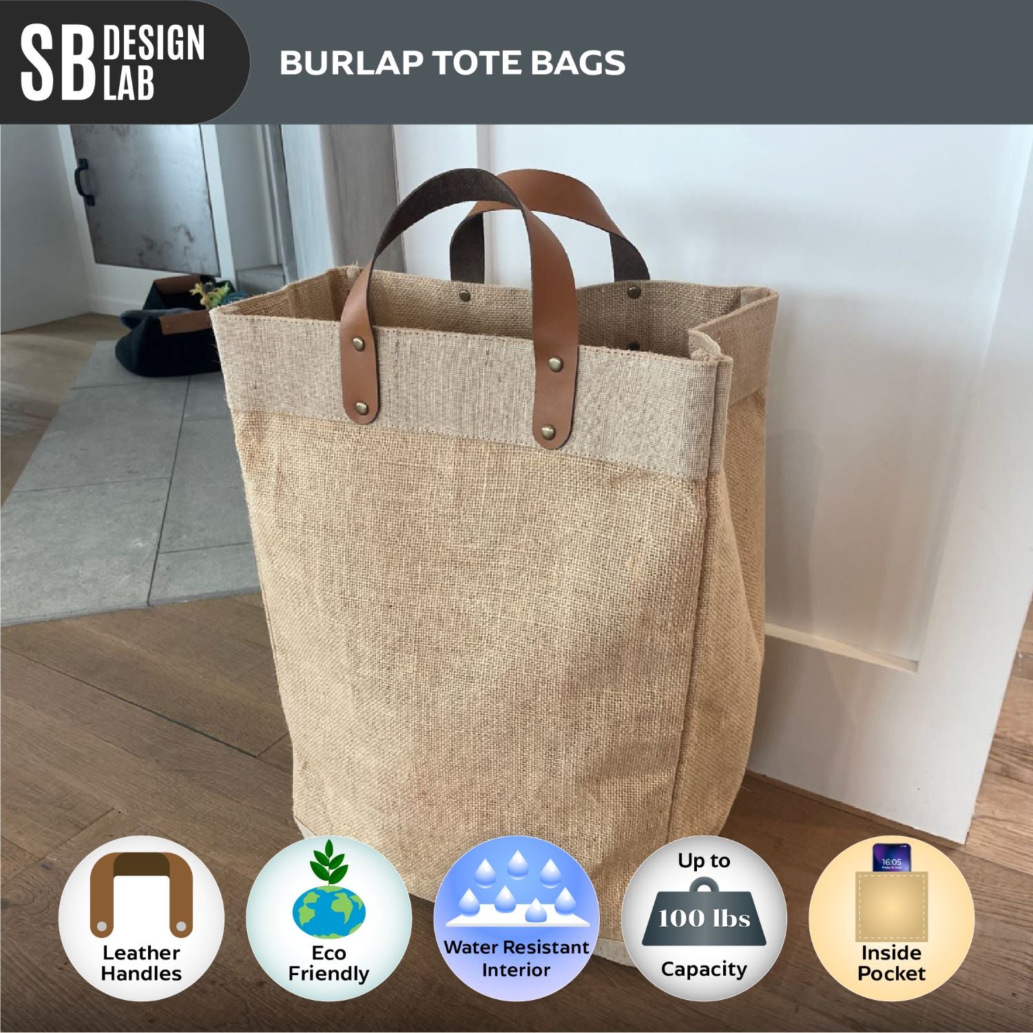 large burlap tote bags with leather handles
