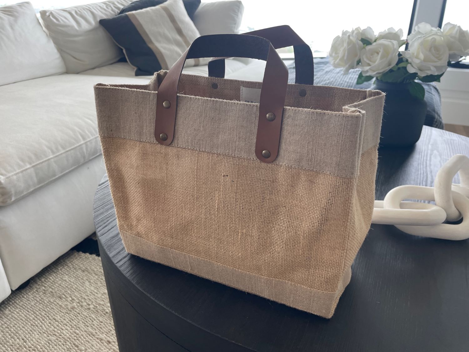 Small Burlap Tote Bags With Leather Handles - 100% Natural Jute
