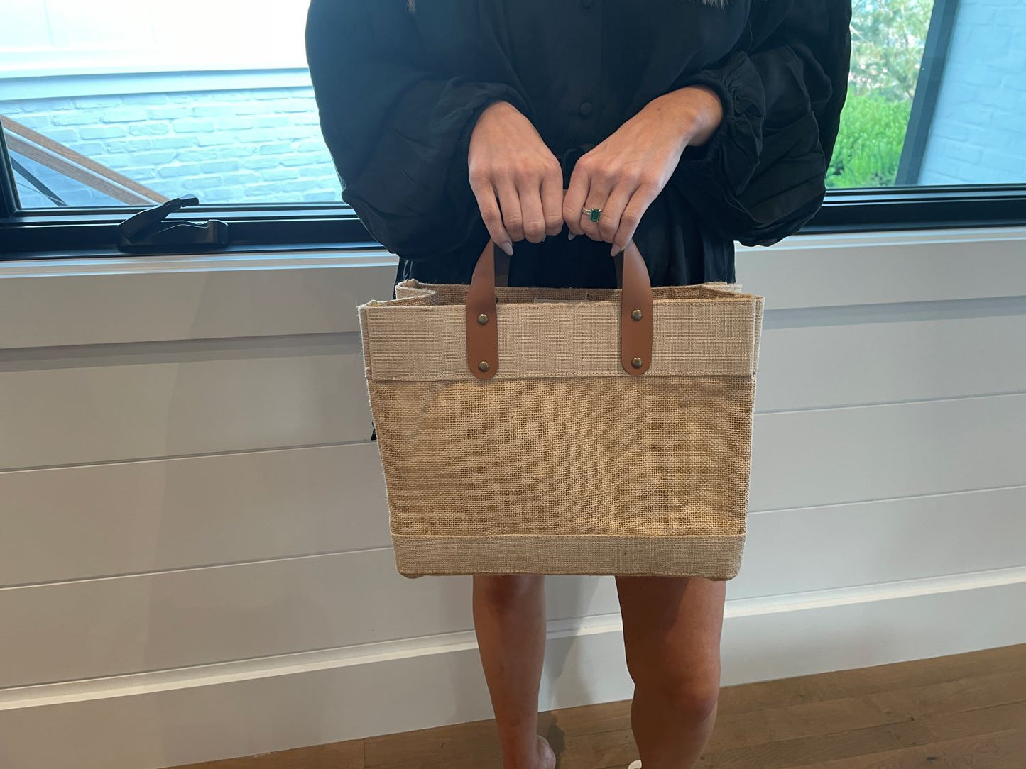 reusable burlap bags with leather handles