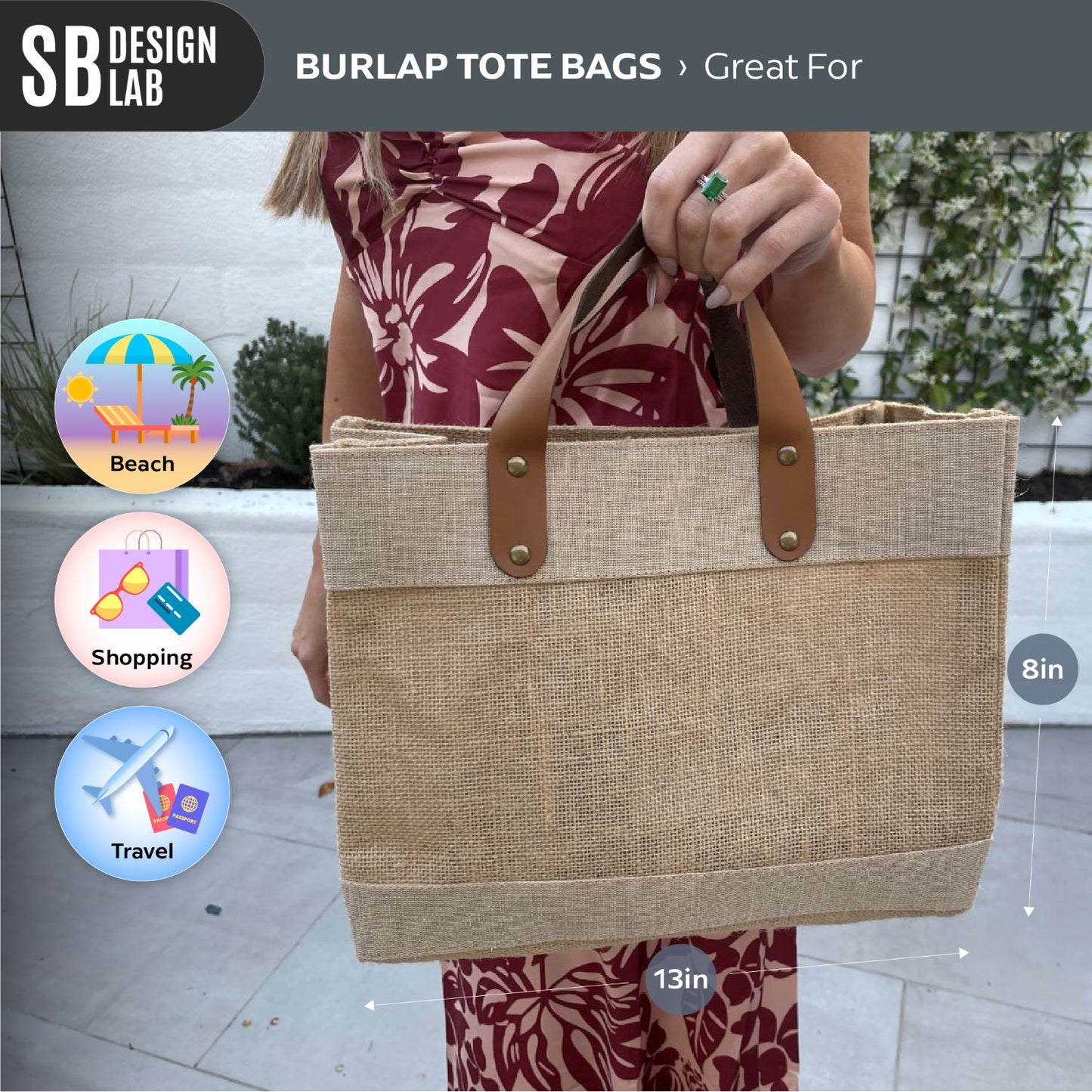 small burlap tote bags 13 in x 8 in for beach, shopping, travel